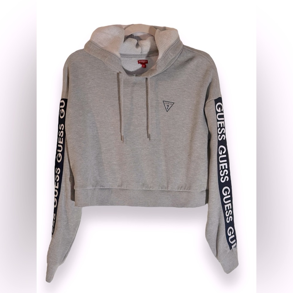 GUESS | Gray Hooded Sweatshirt w/ Logo Band Down Sleeve | Size Large